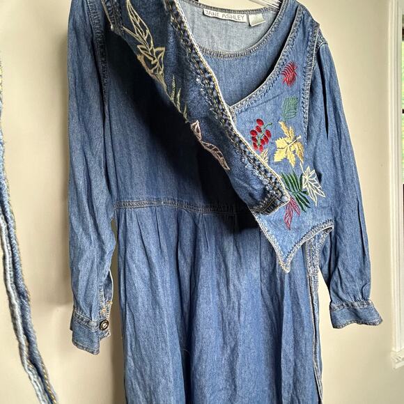 Vtg 90s JANE ASHLEY Medium Denim Maxi Dress Vest Embroidery Cottage Modest Fall - Picture 3 of 8